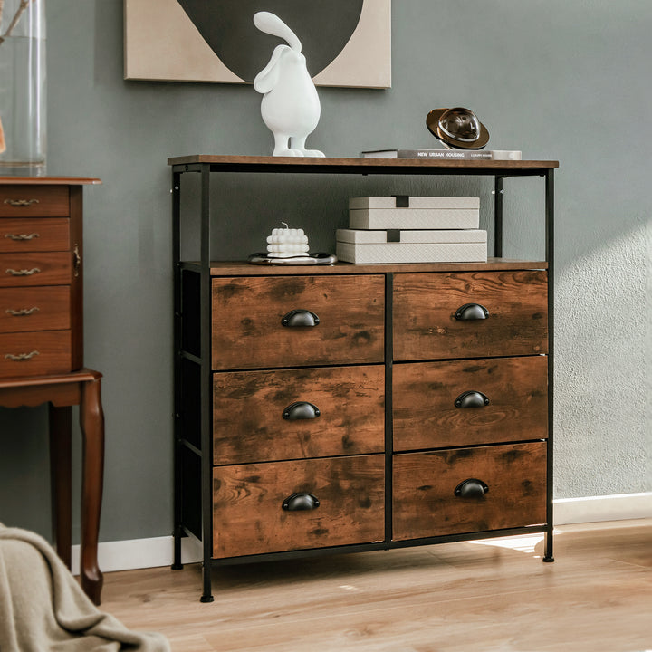 2 Tier Dresser with 6 Removable Fabric Drawers and Wooden Top Rustic