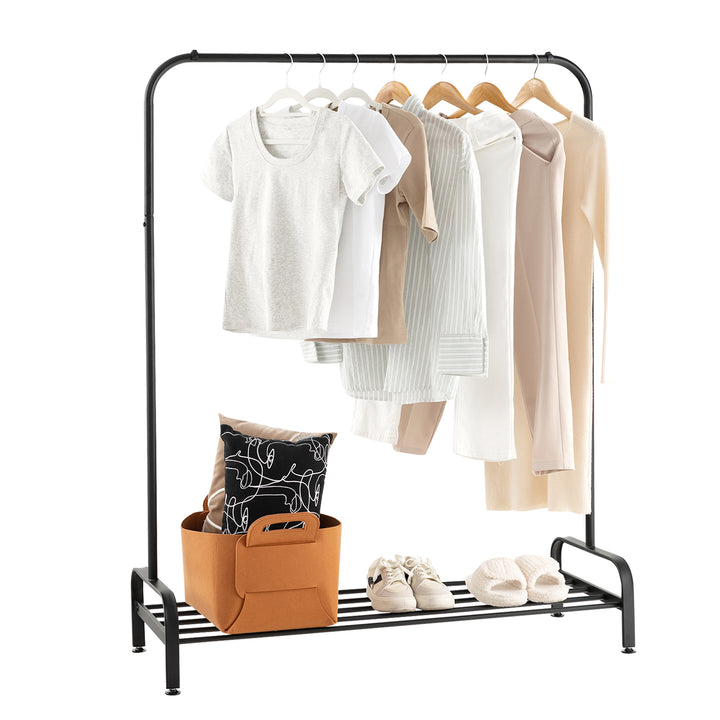 Metal Clothes Stand Rack with Top Rod and Lower Storage Shelf Black