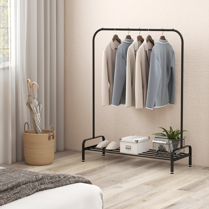 Metal Clothes Stand Rack with Top Rod and Lower Storage Shelf Black