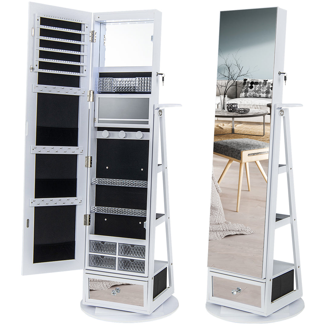 360° Swivel Lockable Jewelry Armoire Cabinet with Full Length Mirror White - TidySpaces