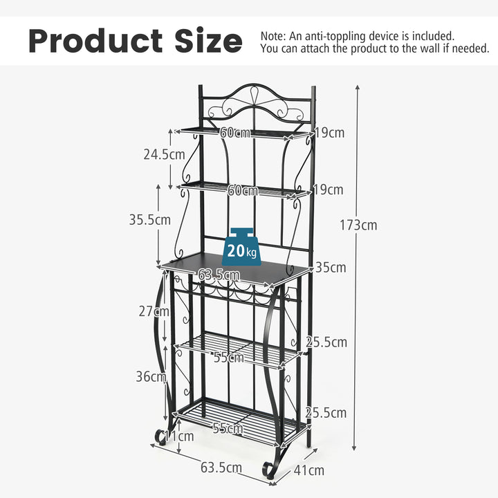 5-Tier Freestanding Baker's Rack with Wine Rack and Adjustable Foot Pads