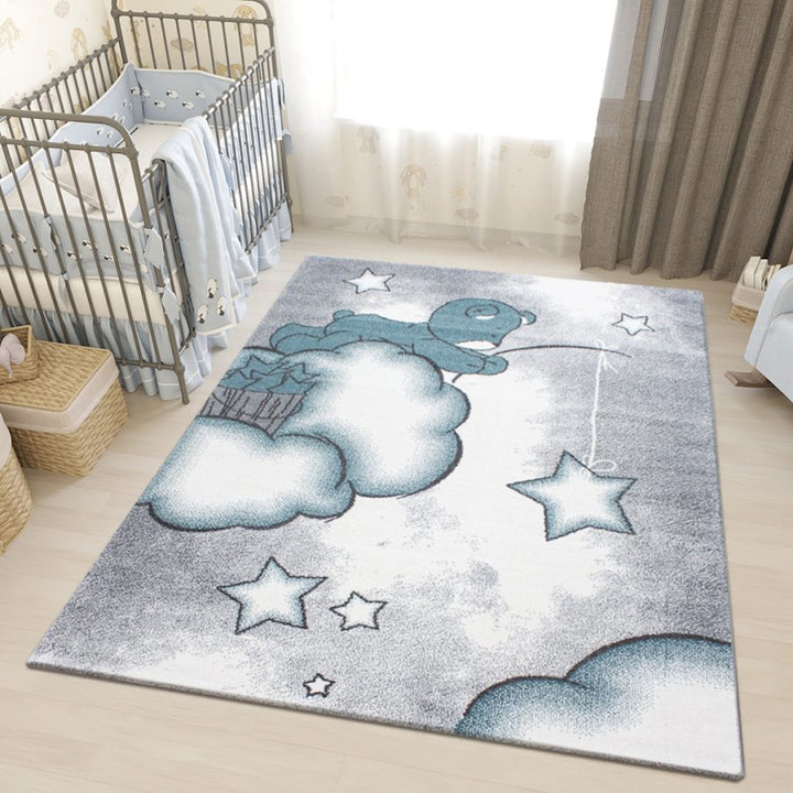 Grey Blue Kids Rug Bear and Stars Nursery Rug