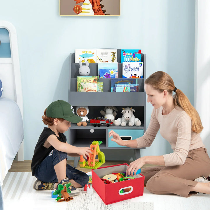 Kids Bookshelf Wooden Book Display Rack with 3-Tier Bookshelves-Grey - TidySpaces