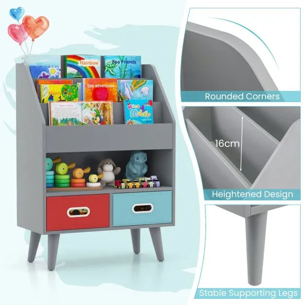 Kids Bookshelf Wooden Book Display Rack with 3-Tier Bookshelves-Grey - TidySpaces