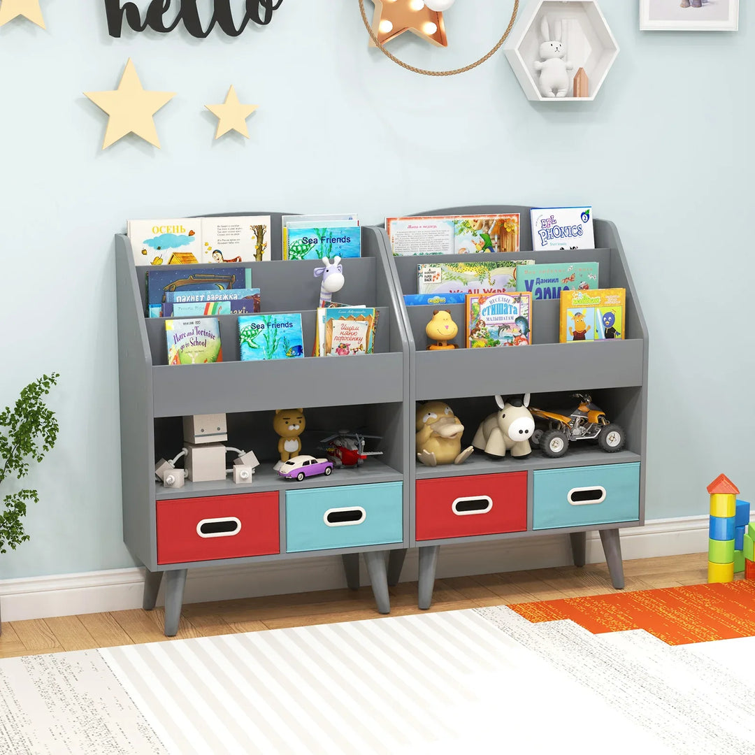 Kids Bookshelf Wooden Book Display Rack with 3-Tier Bookshelves-Grey - TidySpaces