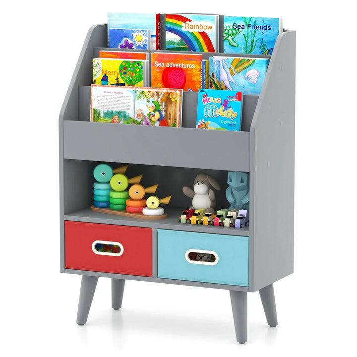 Kids Bookshelf Wooden Book Display Rack with 3-Tier Bookshelves-Grey - TidySpaces