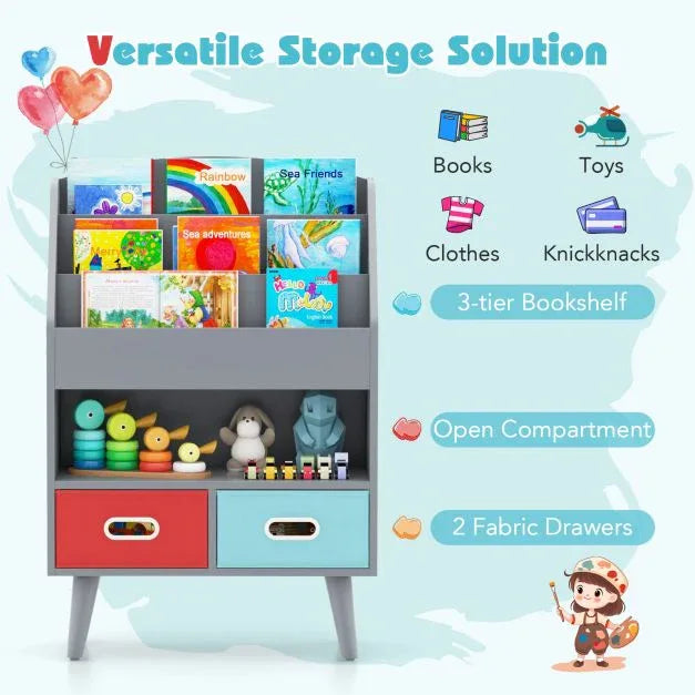 Kids Bookshelf Wooden Book Display Rack with 3-Tier Bookshelves-Grey - TidySpaces