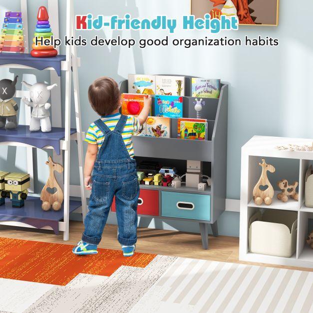 Kids Bookshelf Wooden Book Display Rack with 3-Tier Bookshelves-Grey - TidySpaces