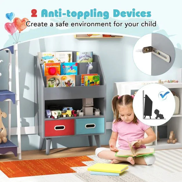 Kids Bookshelf Wooden Book Display Rack with 3-Tier Bookshelves-Grey - TidySpaces