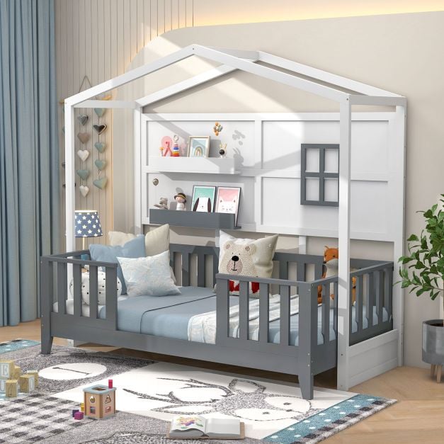 Kids Wood House Bed with 2 Shelves and Guardrails - TidySpaces