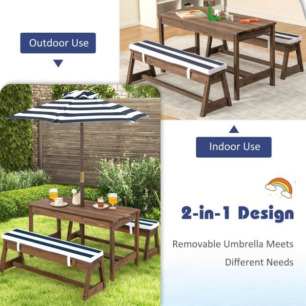 Kids Picnic Table with Cushions and Umbrella