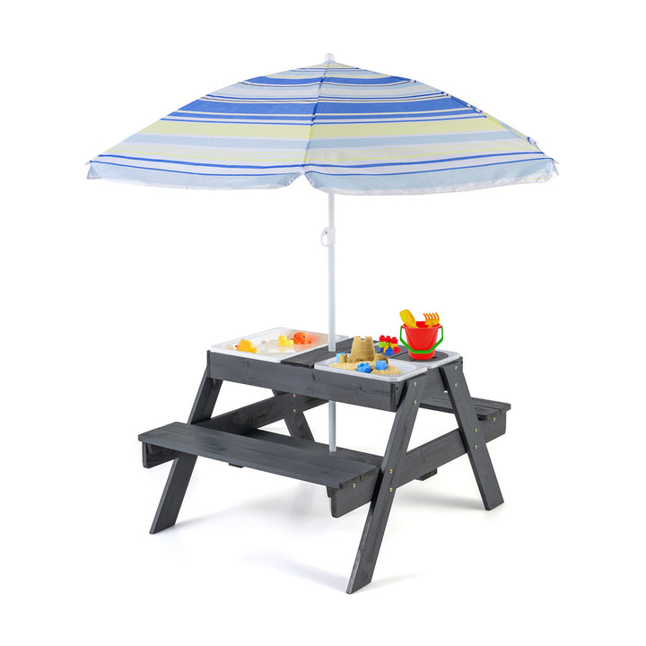 Kids 4-in-1 Sand and Water Table with Removable Boxes and Umbrella-Grey - TidySpaces
