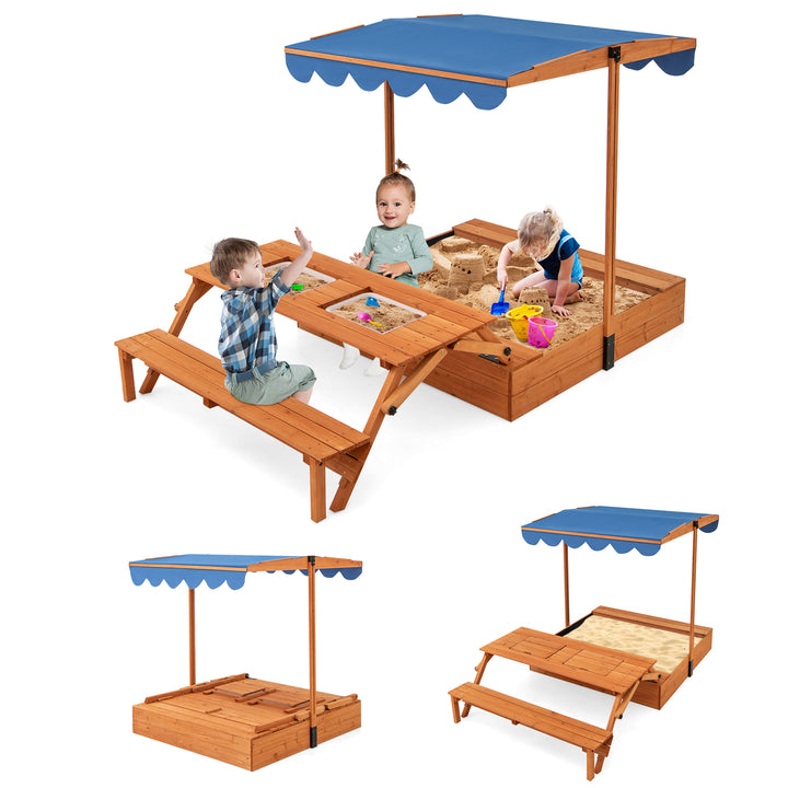 Kids Wooden Sand Box with Lid Cover and Bench-Blue