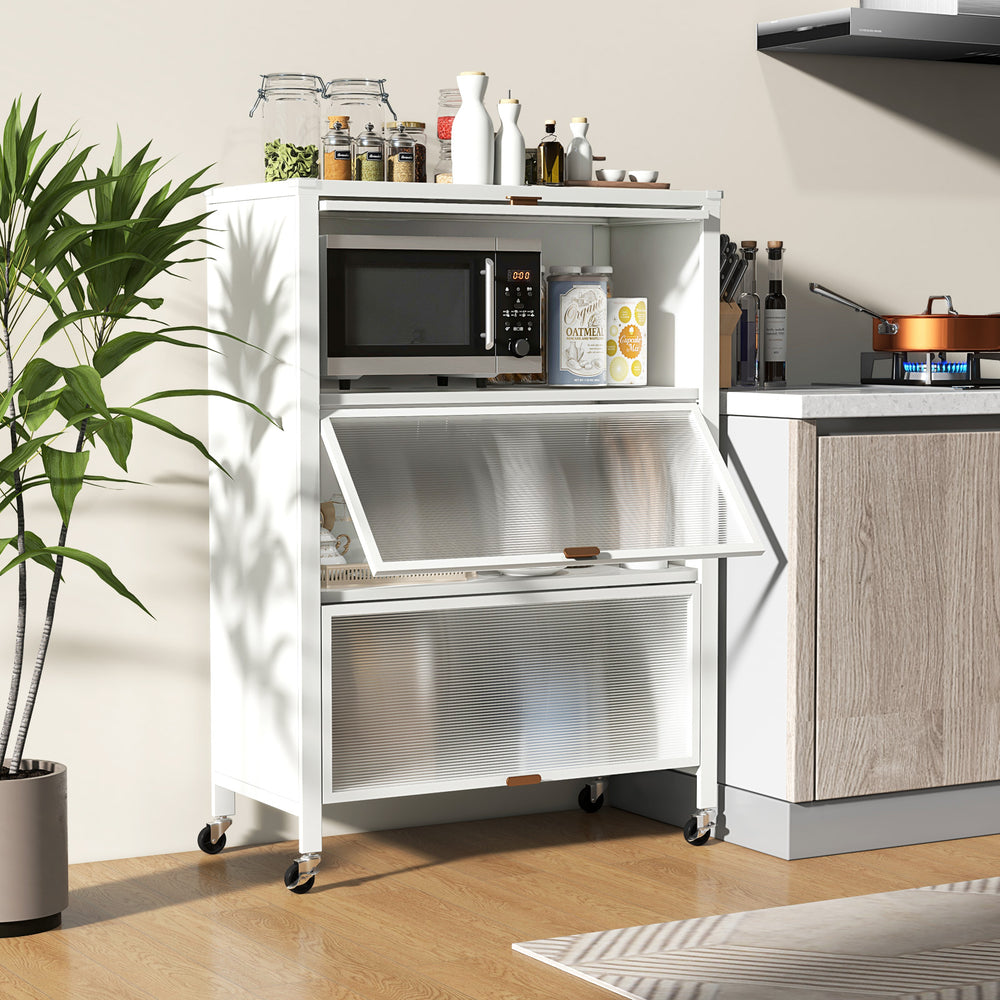 4-Tier Kitchen Bakers Rack with Flip Doors on Lockable Universal Wheels-White - TidySpaces