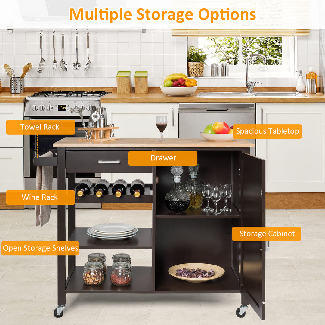 Rolling Kitchen Island Cart with Wine Rack and Adjustable Shelf - TidySpaces