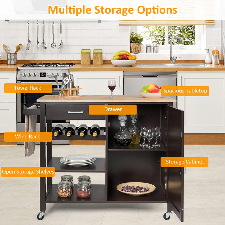 Rolling Kitchen Island Cart with Wine Rack and Adjustable Shelf - TidySpaces