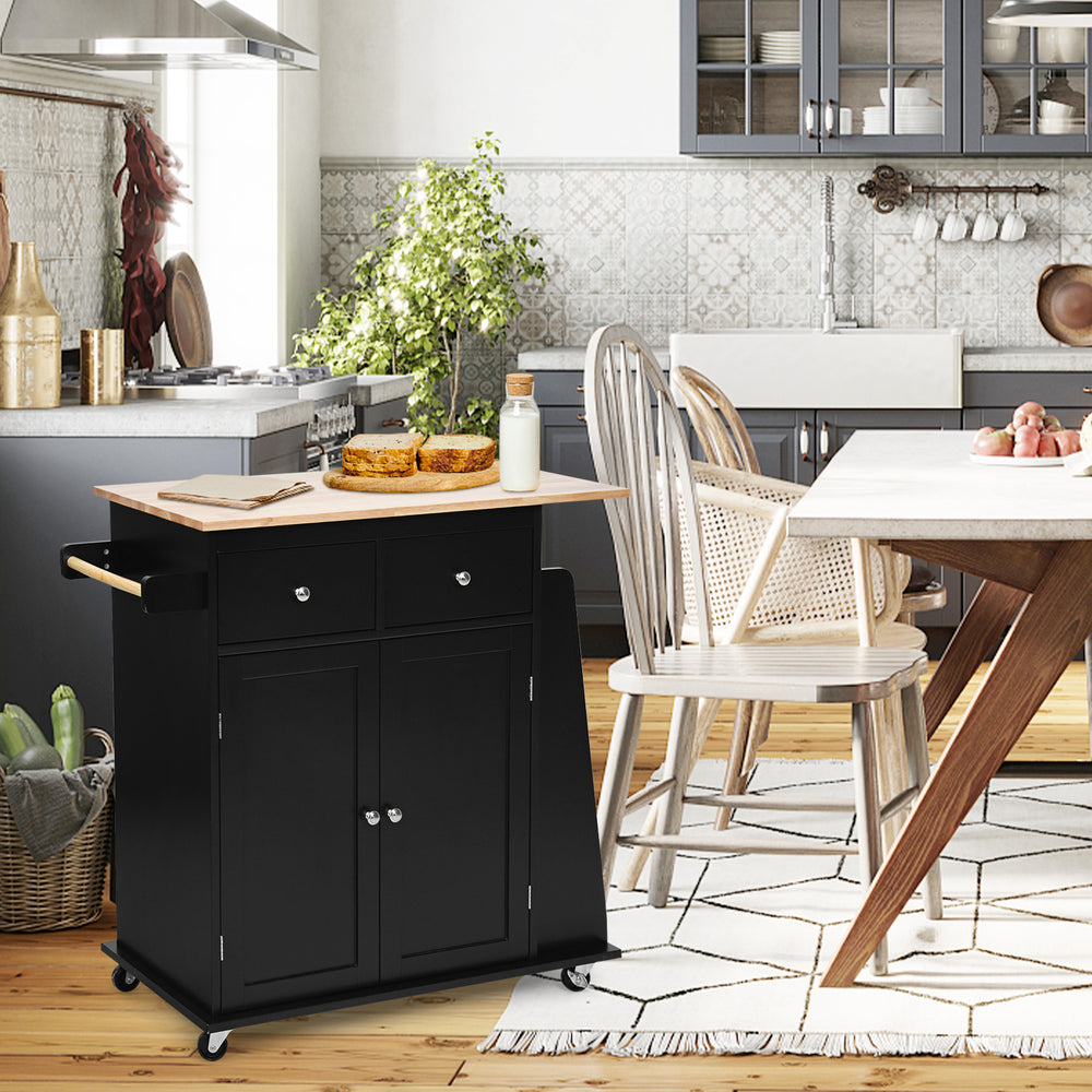 Kitchen Island with Rubber Wood Countertop and Storage on Wheels - TidySpaces