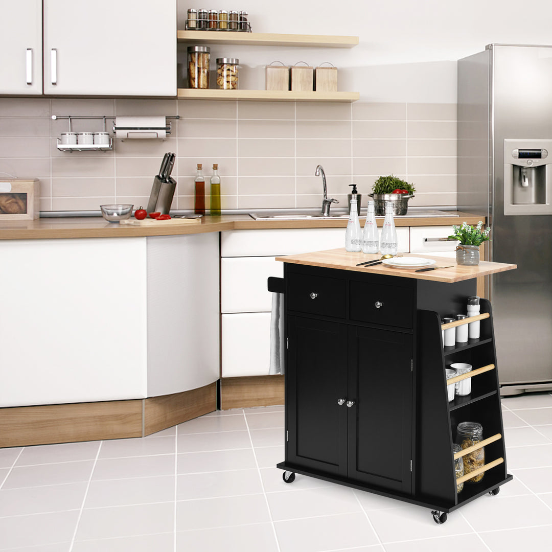 Kitchen Island with Rubber Wood Countertop and Storage on Wheels - TidySpaces