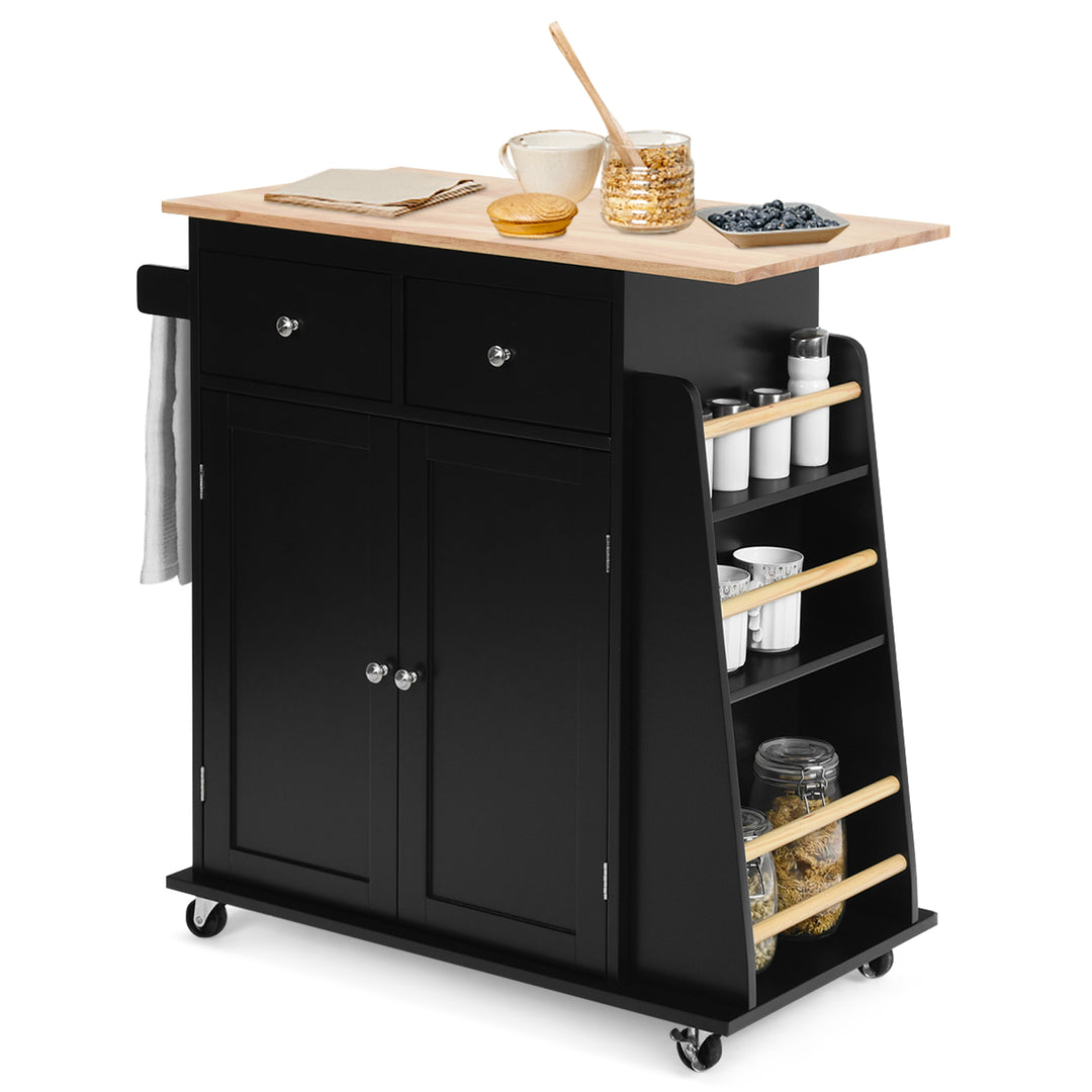 Kitchen Island with Rubber Wood Countertop and Storage on Wheels - TidySpaces