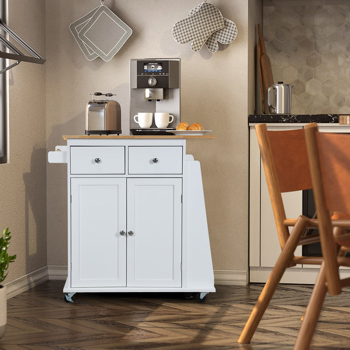 Kitchen Island with Rubber Wood Countertop and Storage on Wheels - TidySpaces