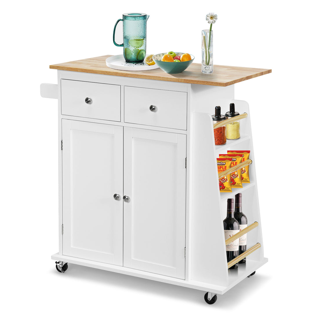 Kitchen Island with Rubber Wood Countertop and Storage on Wheels - TidySpaces