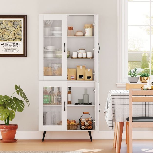 Kitchen Pantry Cabinet with Transparent Doors and Metal Legs