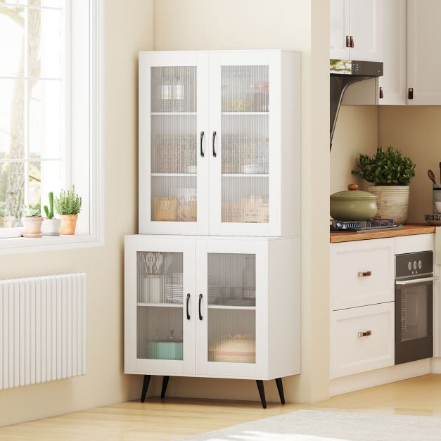 Kitchen Pantry Cabinet with Transparent Doors and Metal Legs