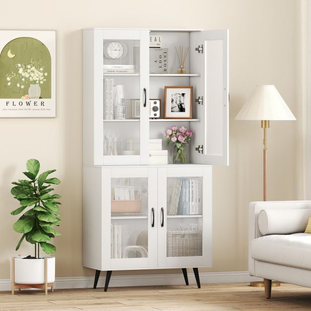 Kitchen Pantry Cabinet with Transparent Doors and Metal Legs