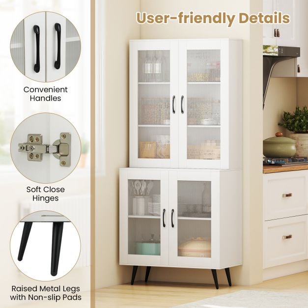 Kitchen Pantry Cabinet with Transparent Doors and Metal Legs