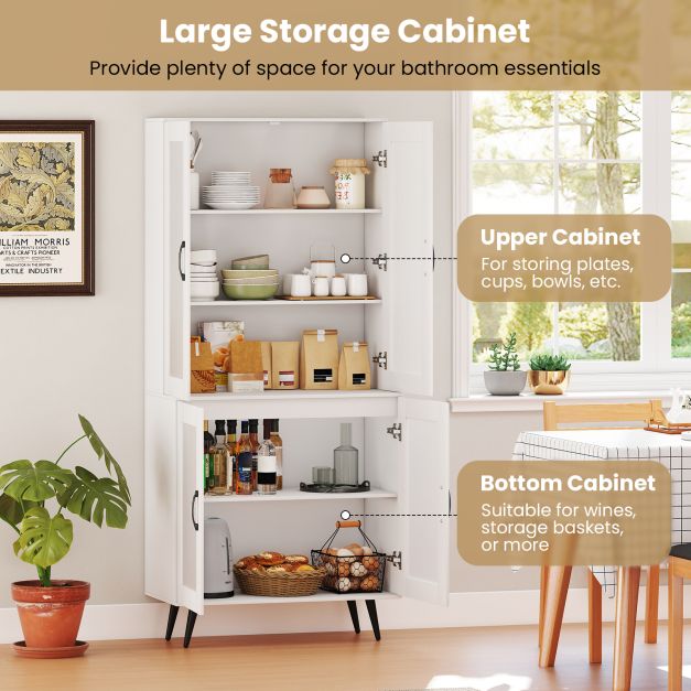 Kitchen Pantry Cabinet with Transparent Doors and Metal Legs