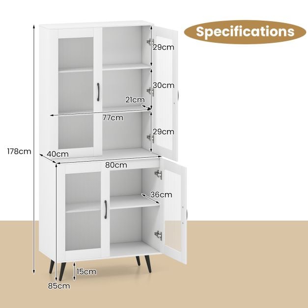 Kitchen Pantry Cabinet with Transparent Doors and Metal Legs