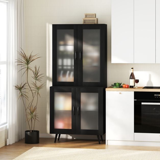 Kitchen Pantry Cabinet with Transparent Doors and Metal Legs