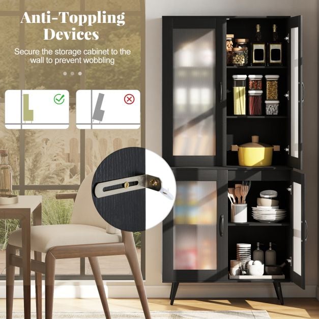 Kitchen Pantry Cabinet with Transparent Doors and Metal Legs