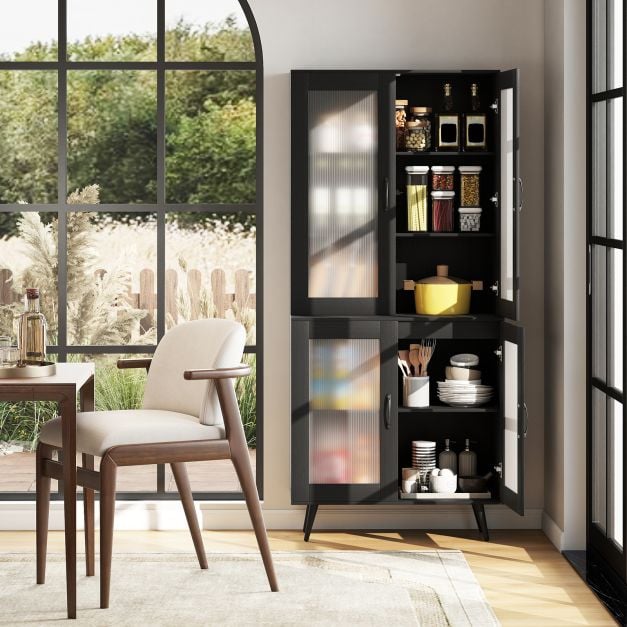 Kitchen Pantry Cabinet with Transparent Doors and Metal Legs
