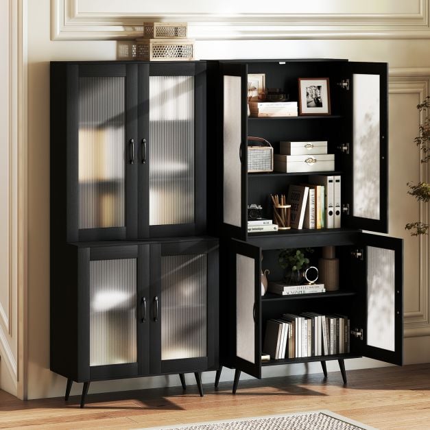 Kitchen Pantry Cabinet with Transparent Doors and Metal Legs