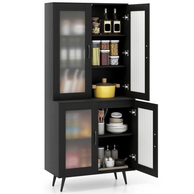 Kitchen Pantry Cabinet with Transparent Doors and Metal Legs