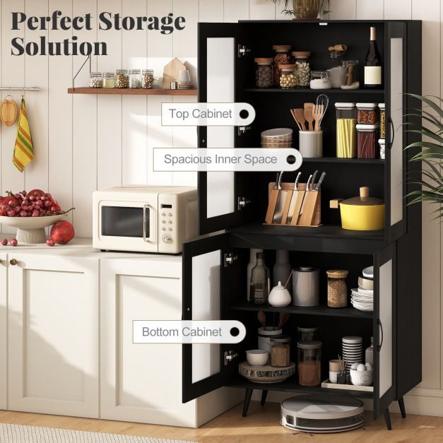 Kitchen Pantry Cabinet with Transparent Doors and Metal Legs