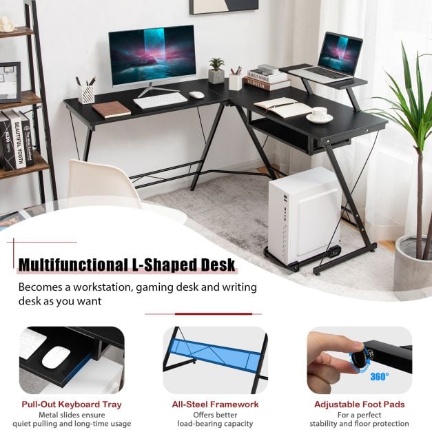 L-Shaped Computer Desk with Movable Host Stand and Removable Monitor Shelf-Black - TidySpaces