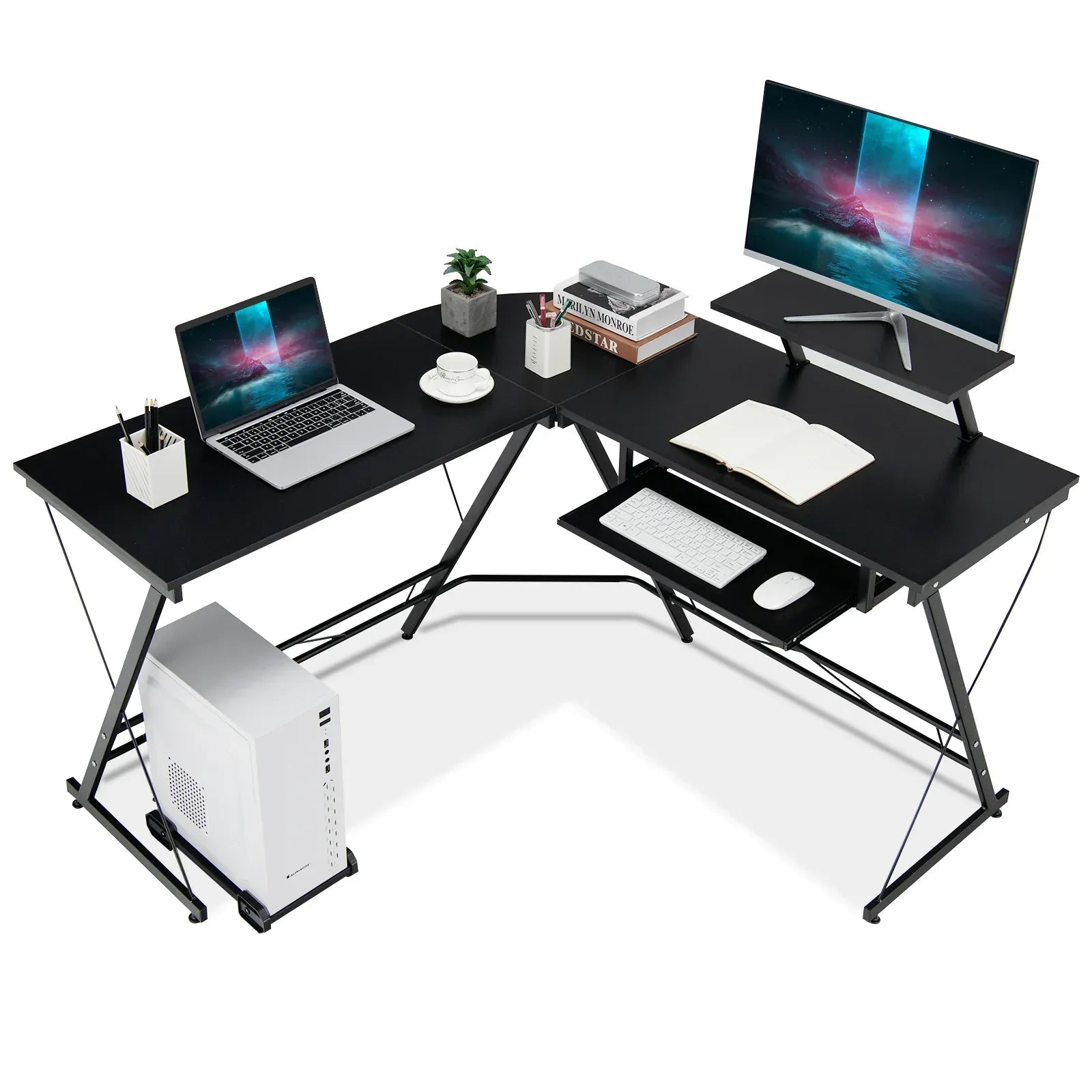 L-Shaped Computer Desk with Movable Host Stand and Removable Monitor S ...
