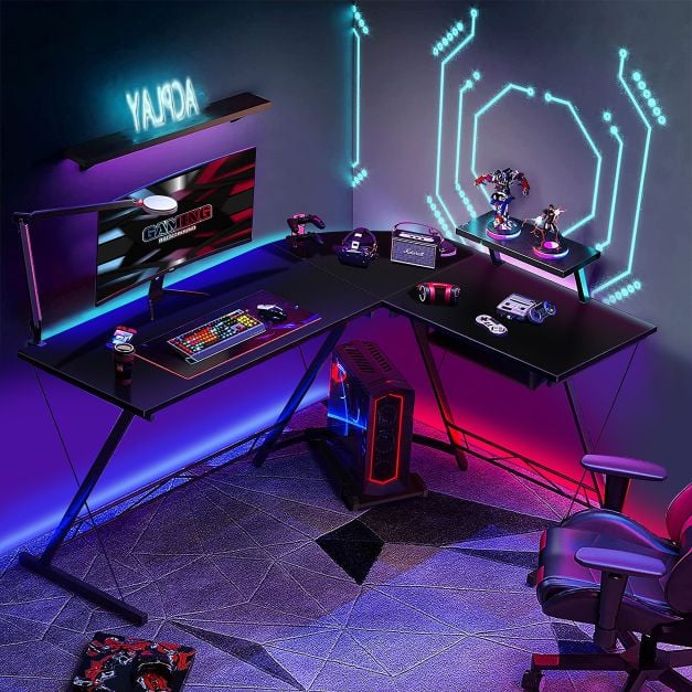 L-Shaped Computer Desk with Movable Host Stand and Removable Monitor Shelf-Black - TidySpaces