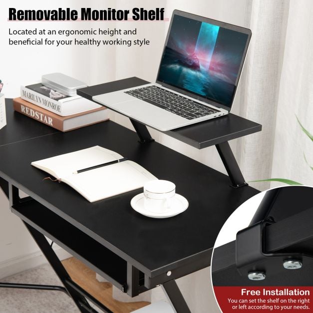 L-Shaped Computer Desk with Movable Host Stand and Removable Monitor Shelf-Black - TidySpaces