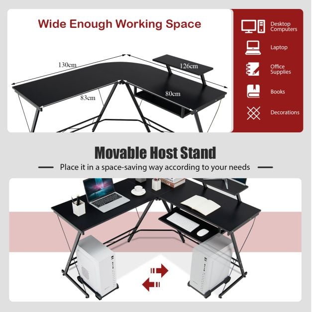 L-Shaped Computer Desk with Movable Host Stand and Removable Monitor Shelf-Black - TidySpaces