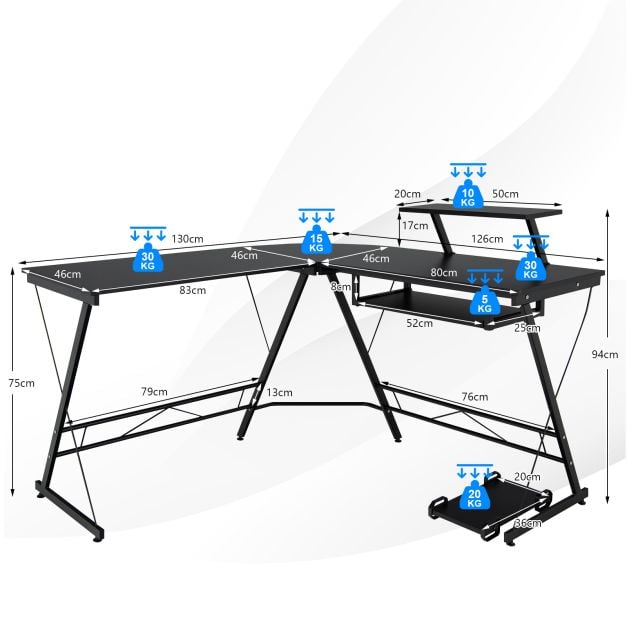 L-Shaped Computer Desk with Movable Host Stand and Removable Monitor Shelf-Black - TidySpaces
