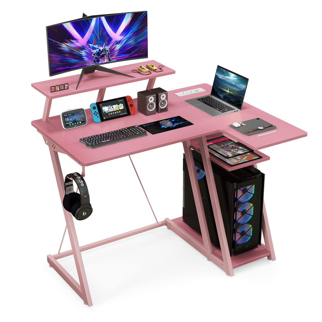 L Shaped Gaming Desk with Outlets USB Ports and Monitor Shelf - TidySpaces
