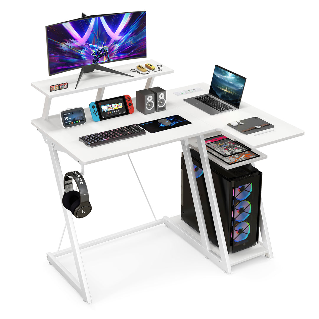 L Shaped Gaming Desk with Outlets USB Ports and Monitor Shelf - TidySpaces