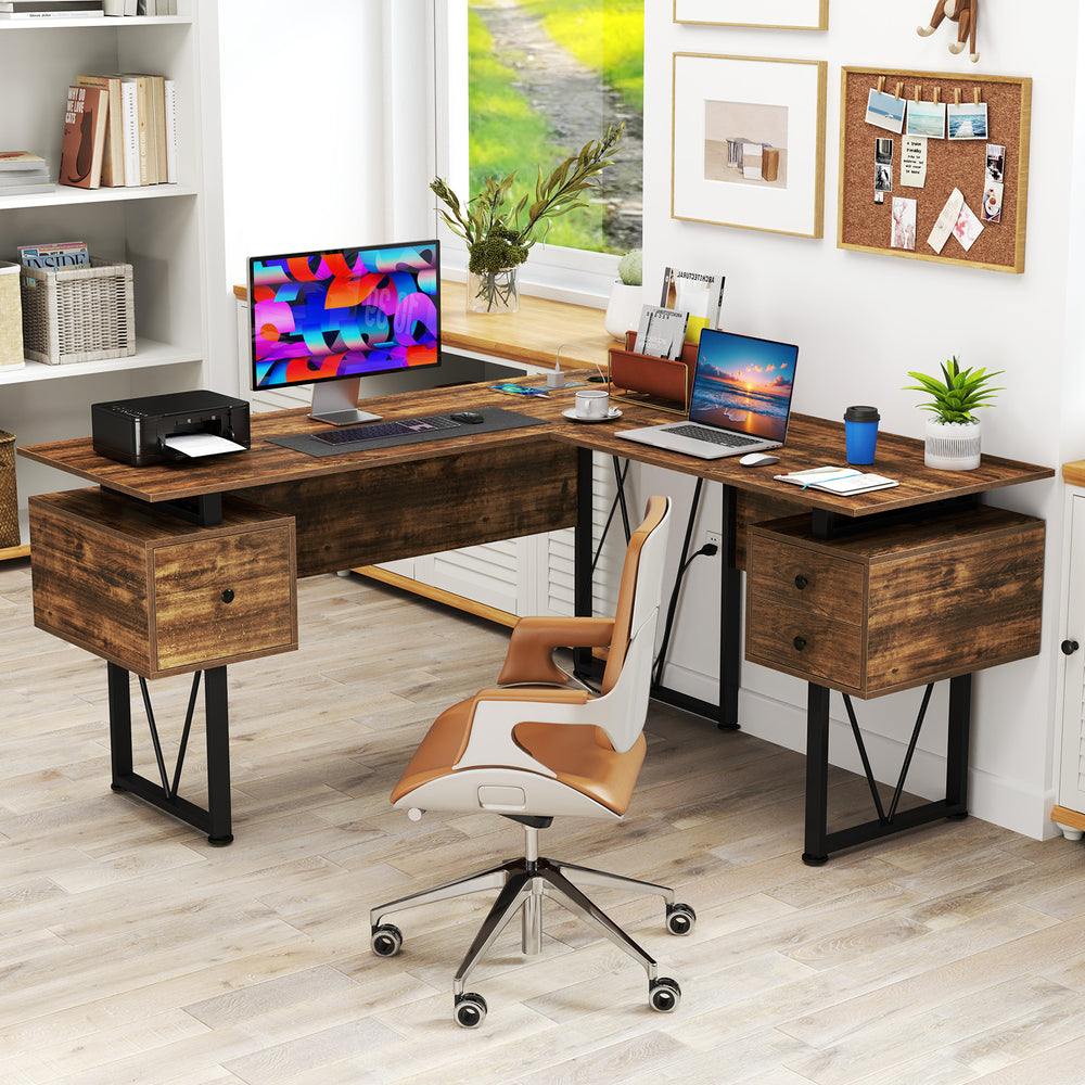 L-shaped Computer Desk with Power Outlets 3 Storage Drawers-Rustic Brown - TidySpaces