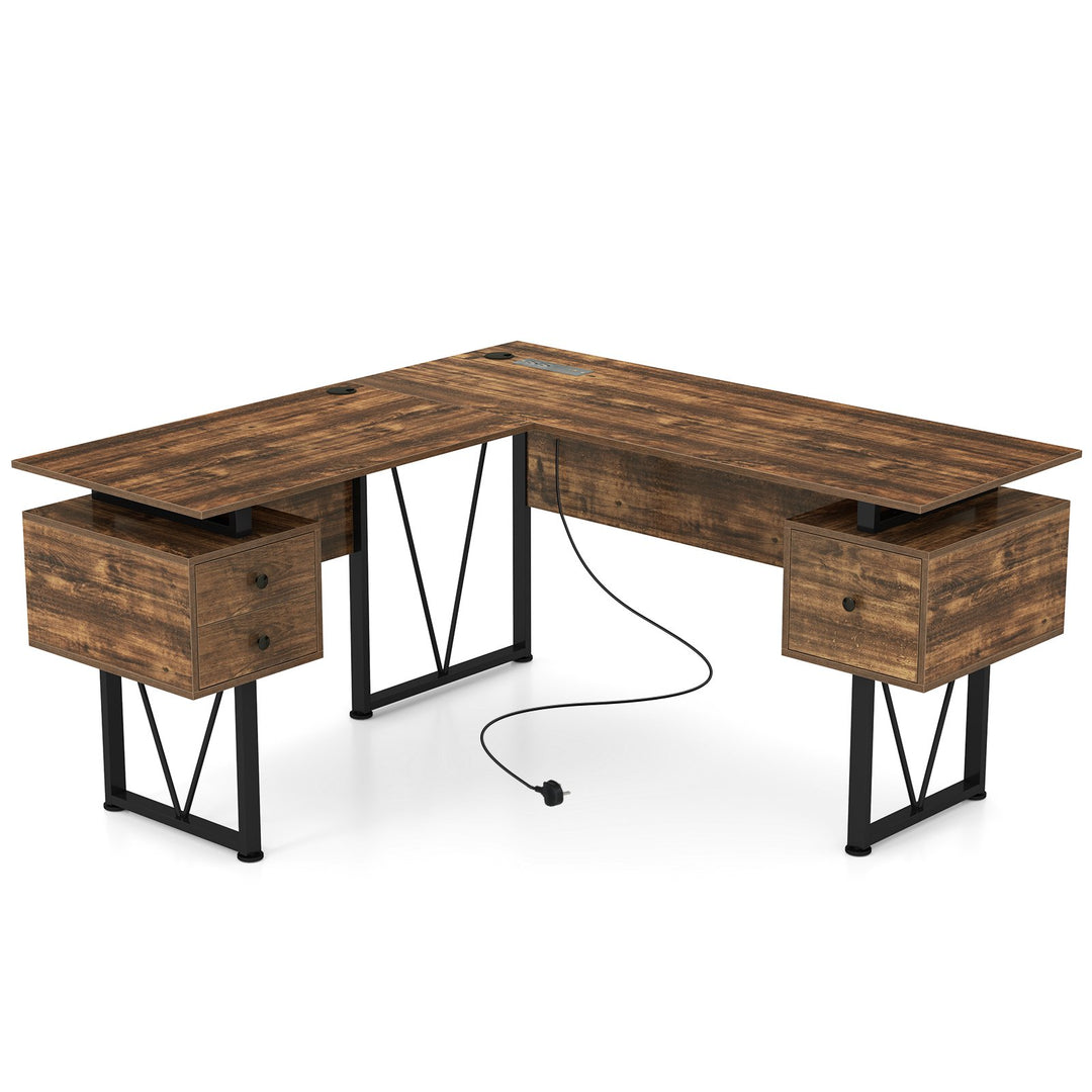 L-shaped Computer Desk with Power Outlets 3 Storage Drawers-Rustic Brown - TidySpaces