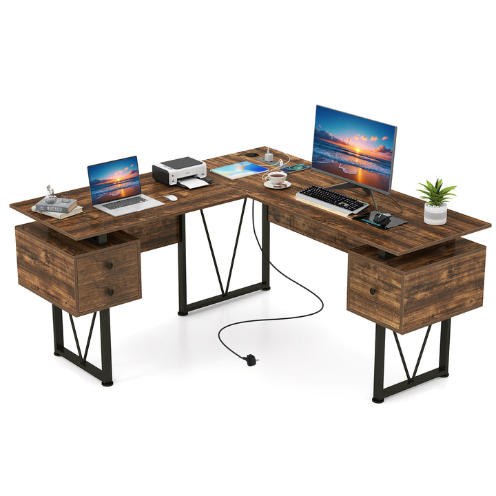 L-shaped Computer Desk with Power Outlets 3 Storage Drawers-Rustic Brown - TidySpaces