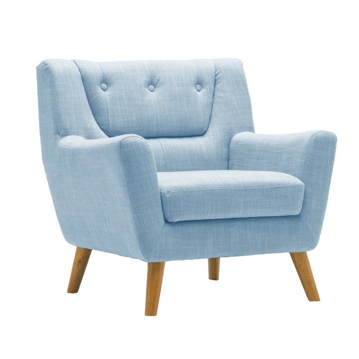 Light blue armchair with wooden legs on a white background