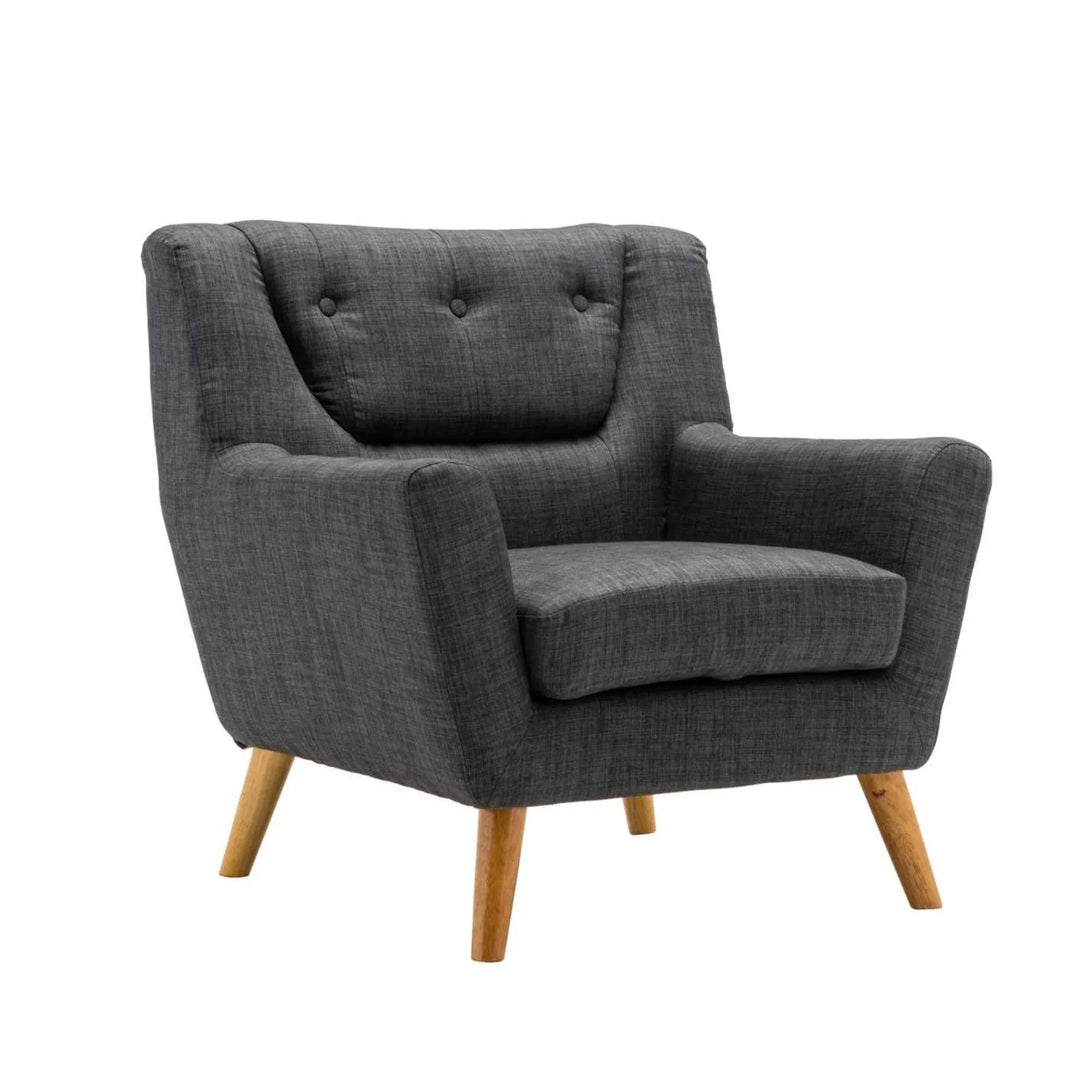 Gray armchair with wooden legs on a white background